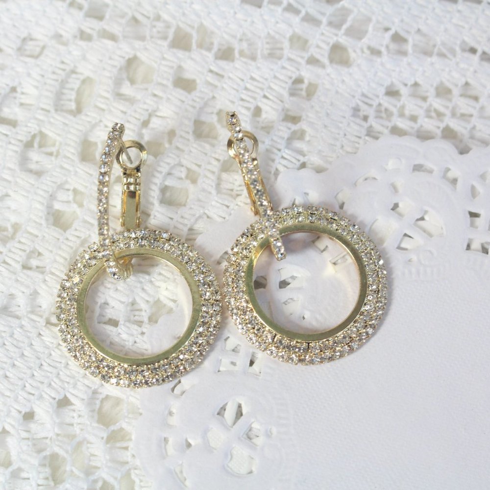 Gold Crystal Circle Drop Earrings with Pavé Accents